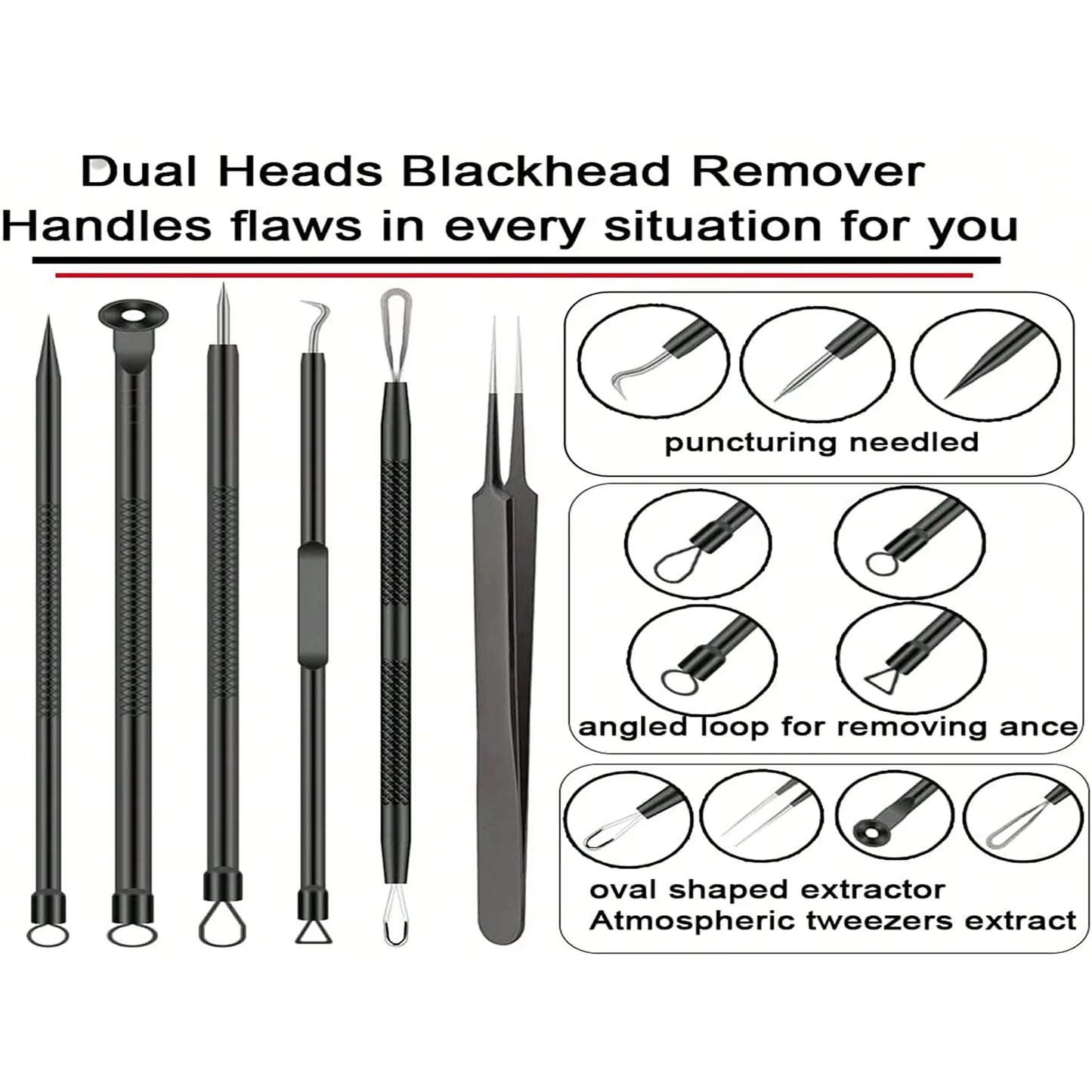 6Pcs Pimple Popper Tool Kit, Blackhead Remover Acne Needle Tools Set Removing Care Comedone Whitehead Popping Zit