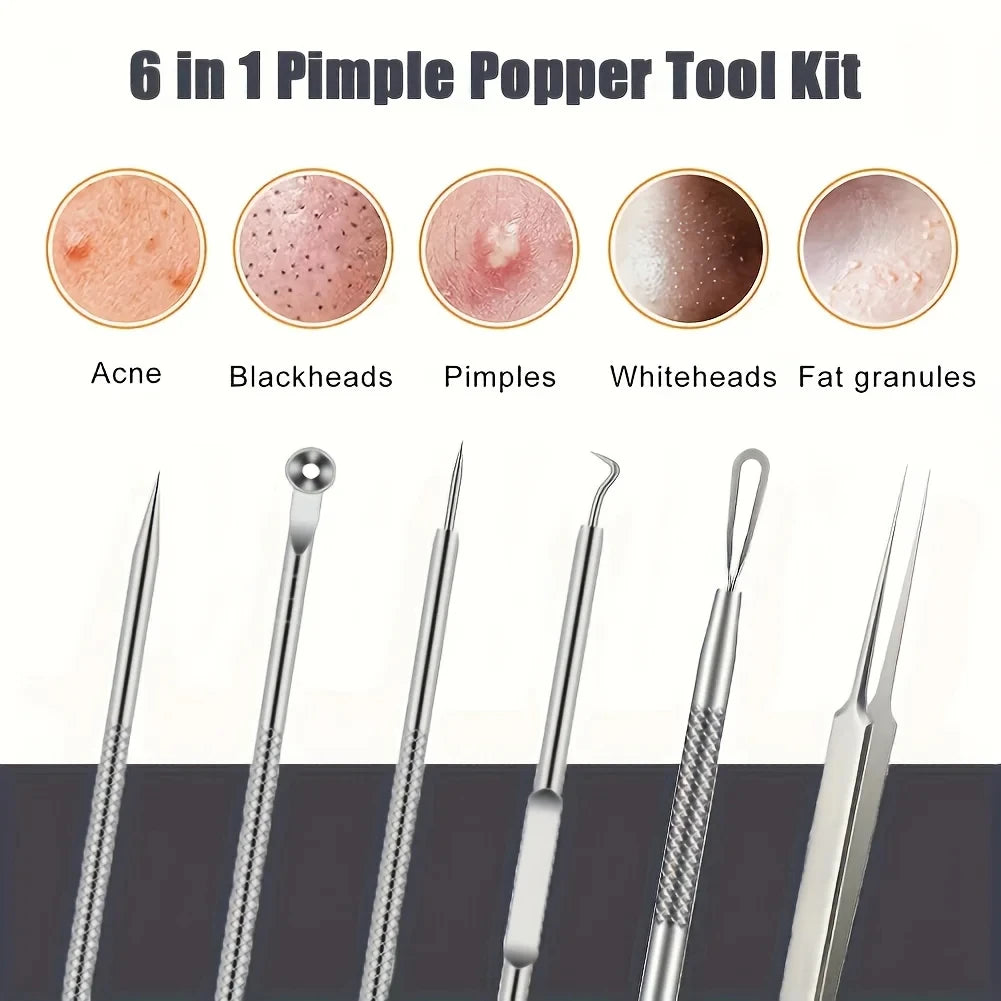 6Pcs Pimple Popper Tool Kit, Blackhead Remover Acne Needle Tools Set Removing Care Comedone Whitehead Popping Zit