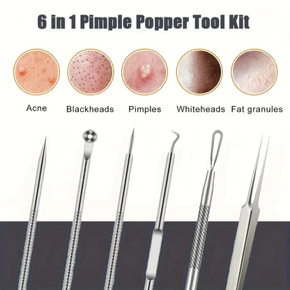 6Pcs Pimple Popper Tool Kit, Blackhead Remover Acne Needle Tools Set Removing Care Comedone Whitehead Popping Zit