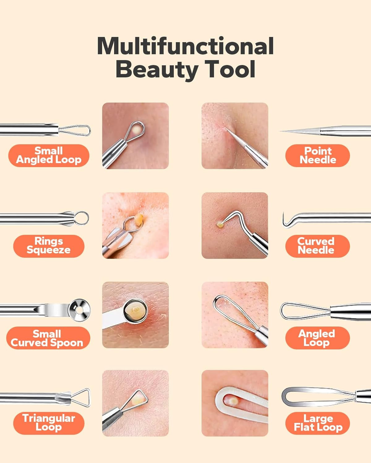Blackhead Remover Pimple Popper Tool Kit (10 Pcs), Stainless Steel, Silver, Facial Blemish & Blackhead Remover Tools