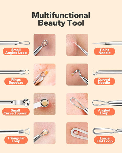 Blackhead Remover Pimple Popper Tool Kit (10 Pcs), Stainless Steel, Silver, Facial Blemish & Blackhead Remover Tools