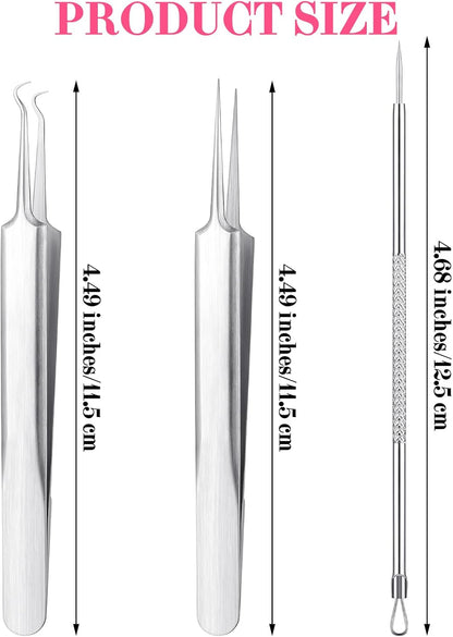 3Pcs Blackhead Tweezers, Stainless Steel Ingrown Hair Needle Kit with Box, Sebaceous Filament Tweezers, Milia Remover Milia Extraction Tools for Quick and Easy Removal of Pimples Blackheads Zit
