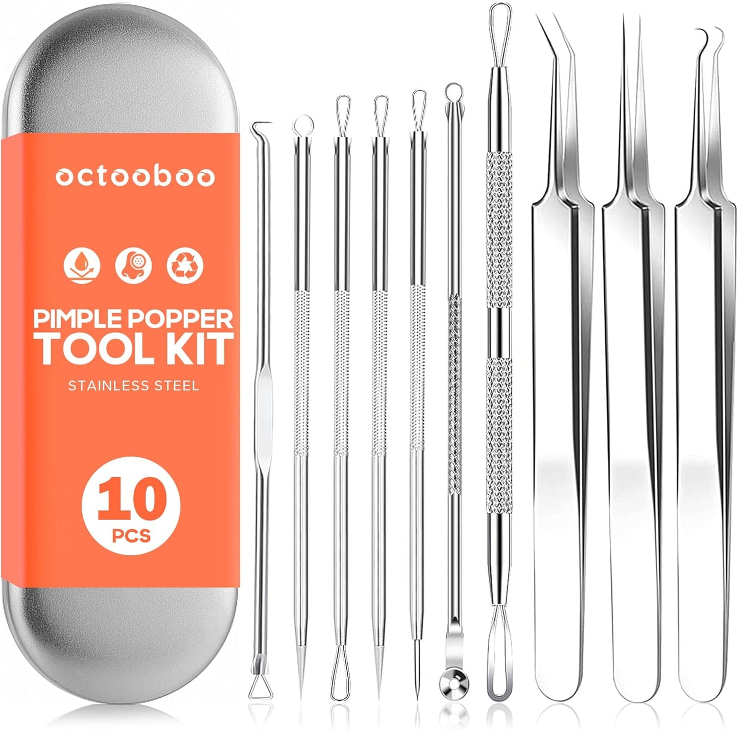 Blackhead Remover Pimple Popper Tool Kit (10 Pcs), Stainless Steel, Silver, Facial Blemish & Blackhead Remover Tools