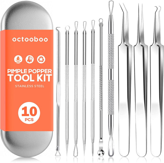 Blackhead Remover Pimple Popper Tool Kit (10 Pcs), Stainless Steel, Silver, Facial Blemish & Blackhead Remover Tools