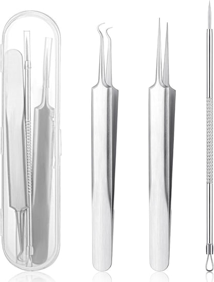 3Pcs Blackhead Tweezers, Stainless Steel Ingrown Hair Needle Kit with Box, Sebaceous Filament Tweezers, Milia Remover Milia Extraction Tools for Quick and Easy Removal of Pimples Blackheads Zit
