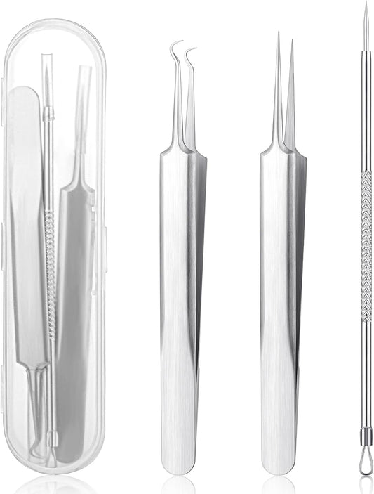 3Pcs Blackhead Tweezers, Stainless Steel Ingrown Hair Needle Kit with Box, Sebaceous Filament Tweezers, Milia Remover Milia Extraction Tools for Quick and Easy Removal of Pimples Blackheads Zit