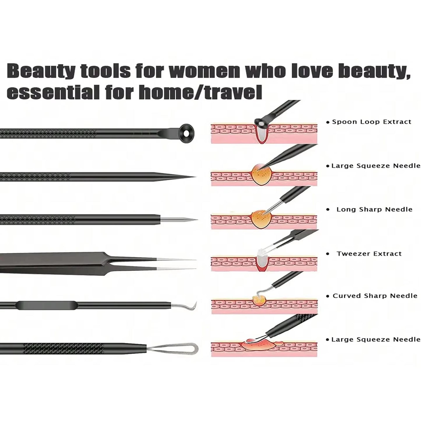 6Pcs Pimple Popper Tool Kit, Blackhead Remover Acne Needle Tools Set Removing Care Comedone Whitehead Popping Zit