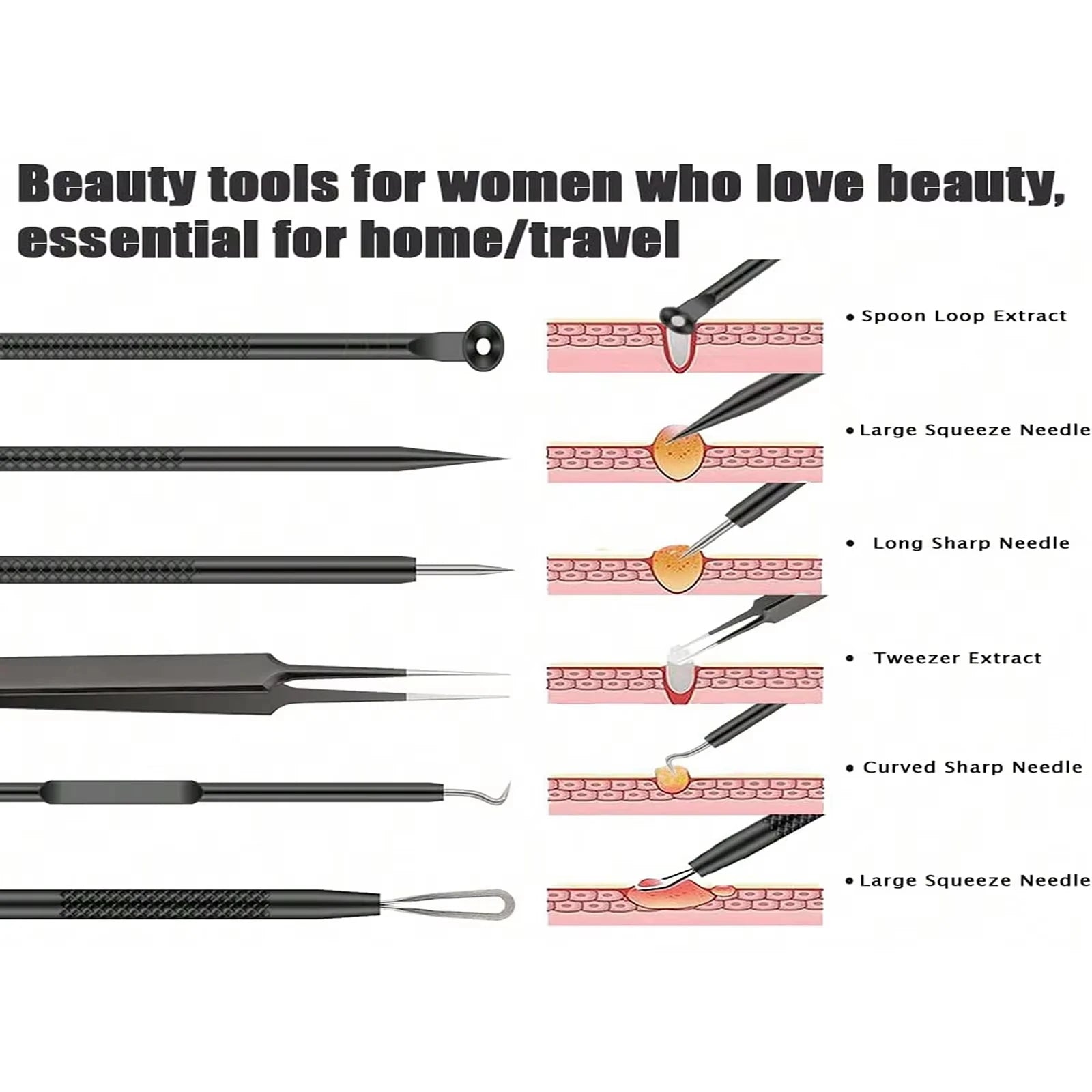 6Pcs Pimple Popper Tool Kit, Blackhead Remover Acne Needle Tools Set Removing Care Comedone Whitehead Popping Zit